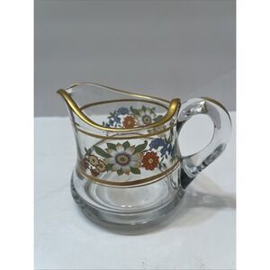 Vintage Small Cream/Milk Pitcher Clear Glass Gold Trim Edge Floral Design 3"